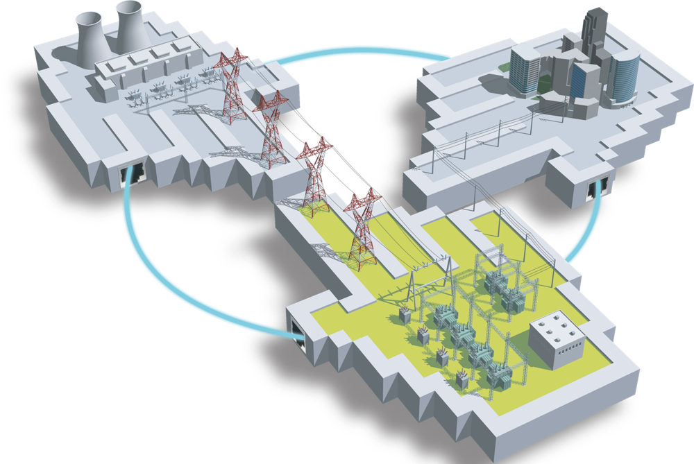 Ilustración de una red de transmisión y subestación eléctrica